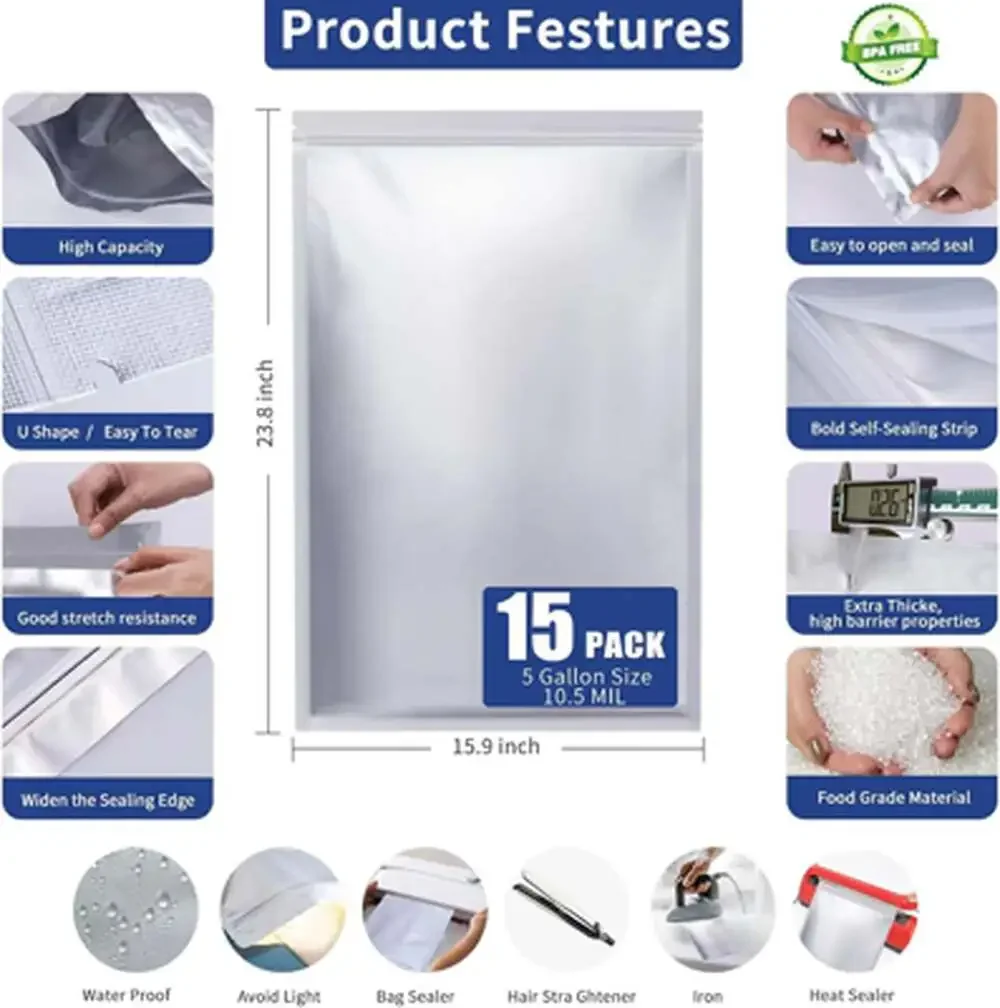 5 Gallon Mylar Food Storage Bags with Oxygen Absorbers, Waterproof, Bpa-Free